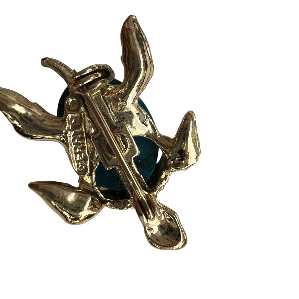 Vintage Gerry's Turtle Brooch‎ Turquoise Cabochon Gold Tone Figural Pin
